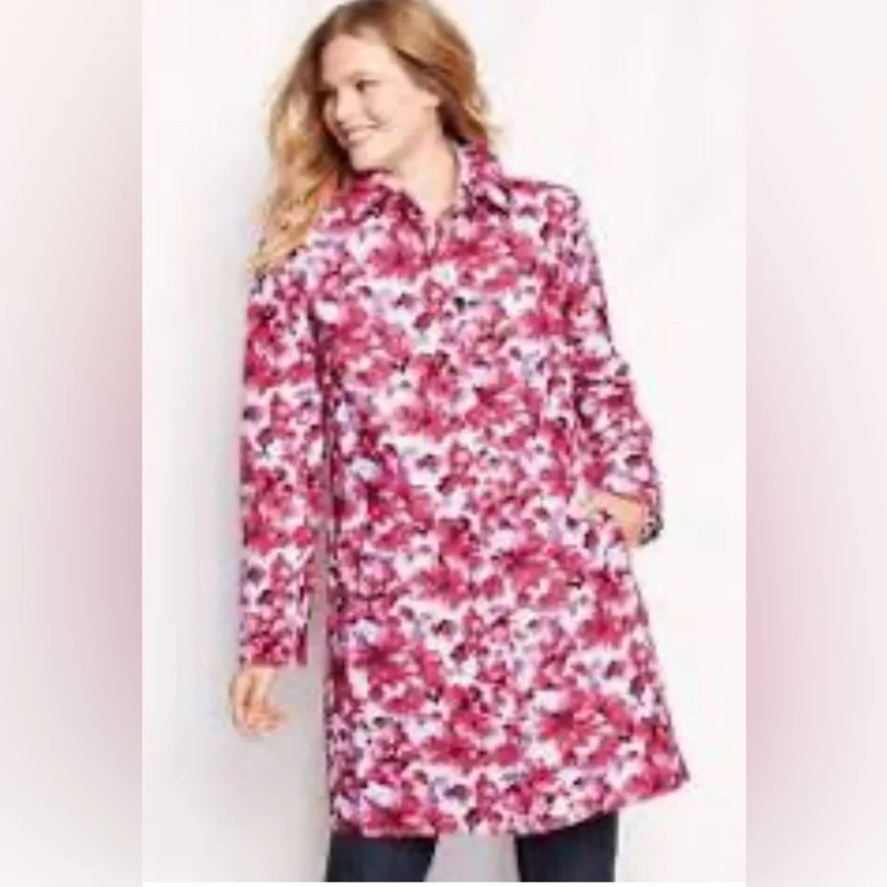 LANDS’ END Sz L Floral Buttoned Pockets Lined Knee Length Raincoat Trenchcoat